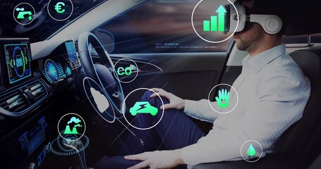 Sitting man wearing VR or AR headset, white shirt, dark trousers, viewing holo UI in car, copy space