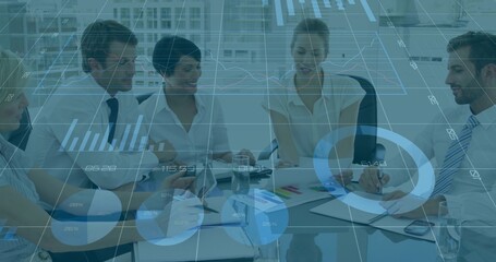 Meeting five staff reviewing color charts and data overlay in boardroom wearing business attire