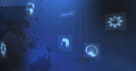 Displaying abstract digital interface in virtual control room, showing dotted world map, HUD panels