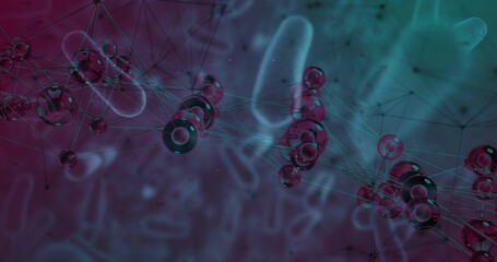 Displaying glossy spheres and torus rings connecting via thin filaments in 3D render, magenta-teal