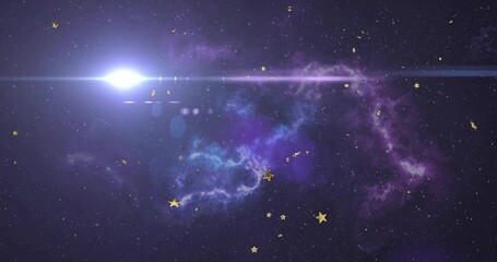 Emitting bright white stellar flare, purple nebula in deep space, with lens streaks and gold stars © vectorfusionart