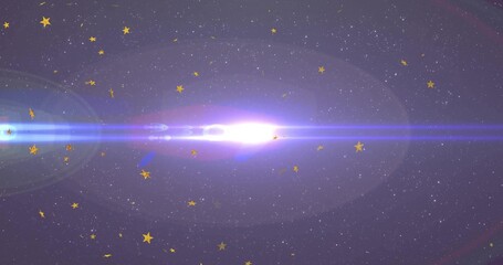 Glowing light creating horizontal blue lens flare in purple space, with gold stars, white specks
