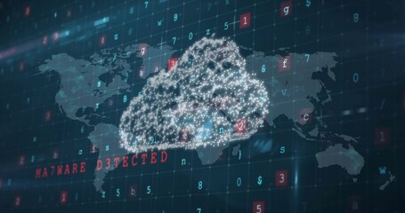 Pulsing glowing cloud network over virtual dashboard, showing MALWARE DETECTED with world map grid