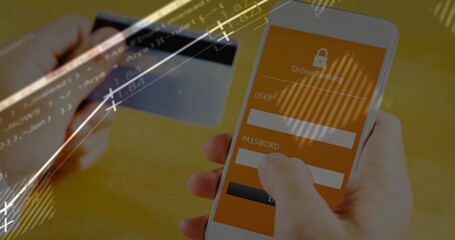 Holding right hand entering banking on phone at home desk, with payment card and security overlay