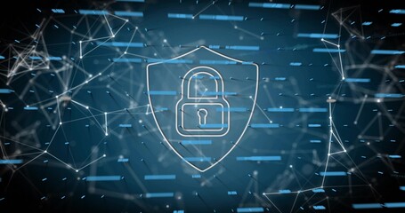 Pulsing central shield outline with padlock icon securing abstract cyberspace, with wireframe nodes