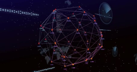 Rotating geosphere showing glowing orange nodes and magenta lines with percent labels in dashboard