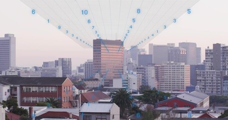 Showing central glass tall tower catching warm low sun light from rooftop view, with radial guide