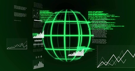 Displaying neon-green 3D wireframe globe rotating in virtual HUD, with line charts and code blocks