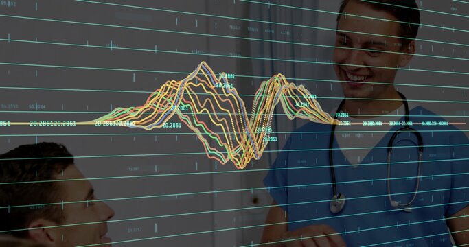 Talking doctor in blue scrubs seeing seated patient in clinic, stethoscope data overlay, copy space - Powered by Adobe