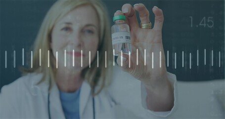 Holding COVID-19 vial, female doctor offering it in clinic with white coat, stethoscope overlay