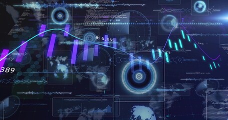 Showing hologram dash streaming on virtual screen with teal line, purple bars, cyan candlesticks