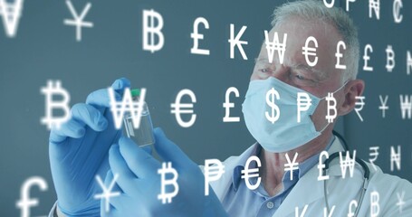 Inspecting vial, senior doctor in lab coat, surgical mask and blue gloves, with currency overlay