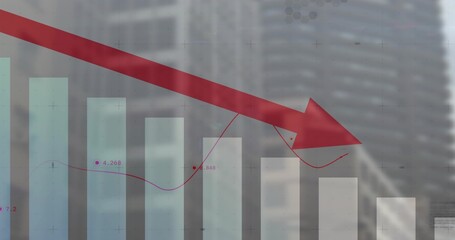 Displaying translucent bars declining on glass over skyline, with red arrow, numbered trend markers