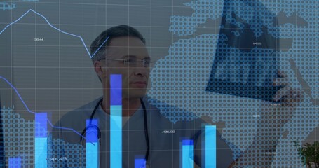 Holding X-ray, doctor in scrubs with stethoscope studying at clinic, with overlays and potted plant