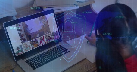 Writing student in red top at home desk using laptop, pencil and HUD overlay, copy space