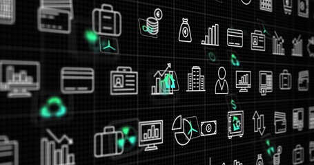 Projecting central business tech icons across dark grid, with neon glows and bar charts