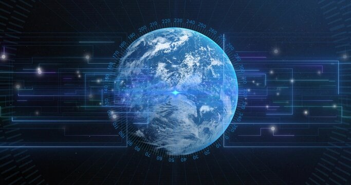 Displaying stylized Earth globe rotating in space virtual interface, with holographic compass