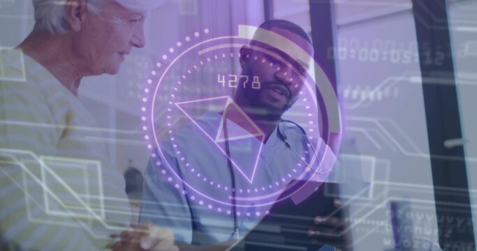 Pointing dr in blue scrubs stethoscope consulting patient in striped top at clinic, laptop AR4278 - Powered by Adobe