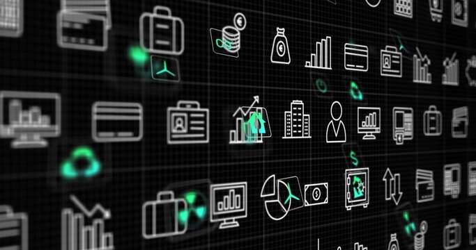 Projecting central business tech icons across dark grid, with neon glows and bar charts - Powered by Adobe