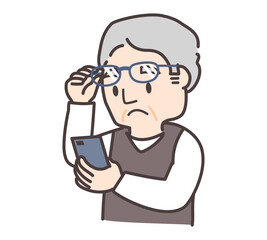 老眼でスマホが見えにくく眼鏡をずらす高齢男性