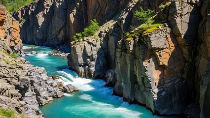 River flowing through rocky canyon landscape.