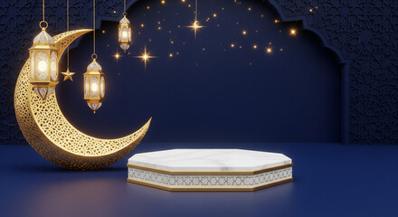 Luxury Islamic Ramadan Podium with Golden Crescent Moon and Lanterns on Blue Background