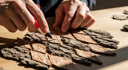 Close-up of hands arranging brown puzzle pieces on a wooden table with natural light.
