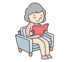 ソファに座って読書をする高齢女性のイラスト