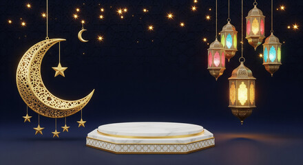 Luxury Ramadan Islamic Podium with Golden Crescent Moon and Colorful Hanging Lanterns