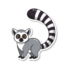 Fototapeta premium Cute Cartoon Lemur Sticker with Striped Tail.