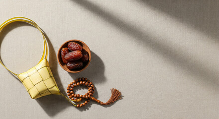 Traditional Islamic Decoration for Eid Mubarak with Ketupat, Dates, and Tasbih on Beige Fabric.