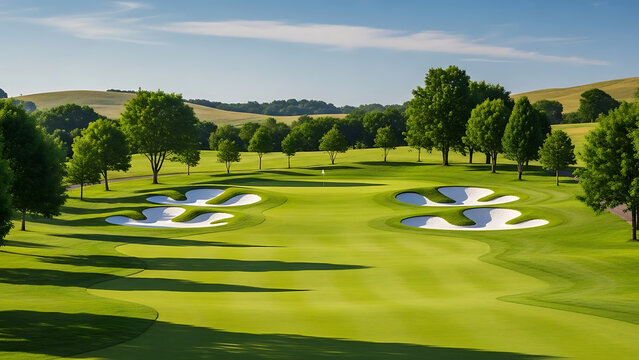 Golf course landscape, lush green fairway, sand bunkers, mature trees, rolling hills, clear blue sky, serene atmosphere, manicured grass, summer day, golf hole view, panoramic scene