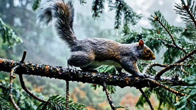 A squirrel with a bushy tail digging into a tree branch
