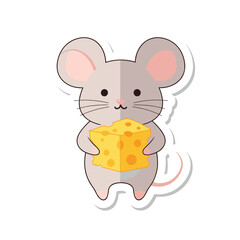 Cute cartoon mouse holding a block of cheese, adorable rodent character sticker.