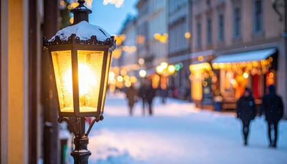 Vintage street lamp with snow glowing on a festive winter city street with bokeh lights.