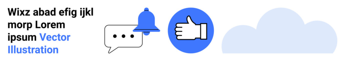 Obraz premium Communication tools, feedback systems, social media, notifications, cloud technology, online interaction. Bell, speech bubble thumbs up and cloud graphic in a modern layout. Communication tools