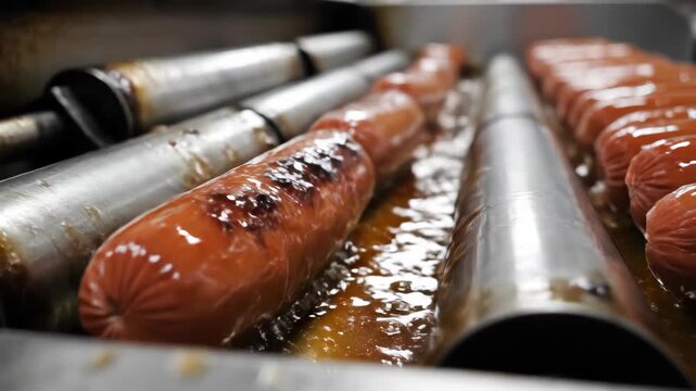 Hot dogs cook on a rotating roller grill with shiny metal rollers and a light glaze
