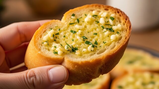 Close-up of Hand Holding Garlic Bread Slice Topped with Fresh Parsley