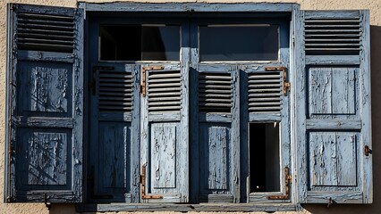 Old weathered blue wooden shutters and doors.