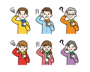 スマホを見て困る・悩む・頭を抱える、様々な年齢の人々のベクターイラスト素材セット＿カラー