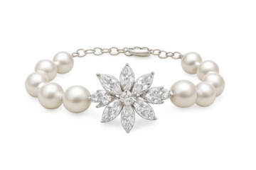 Pearl bracelet featuring diamond flower pendant on transparent background