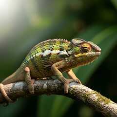 Fototapeta premium Detailed close-up of a vibrant chameleon perched on a tree branch, its eyes and scales clearly visible in natural sunlight