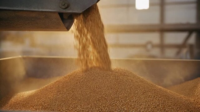 Golden wheat grains flowing from a large steel hopper onto a conveyor with warm industrial backlight