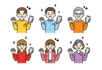 スマホを持って両手を広げて喜ぶ、様々な年齢の男性と女性のベクターイラスト素材セット＿カラー