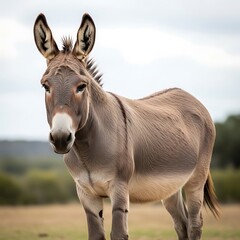 Close-up portrait of a domestic grey donkey with large ears standing calmly in a green pasture, looking directly at the viewer during daylight hours, showcasing its gentle nature