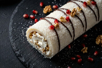 Royal Roll Sultan Lokum Dessert with Coconut Walnuts and Pomegranate