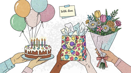 Celebration with cake, balloons, gift bag, and flowers for a special occasion