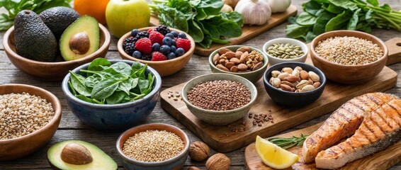 Healthy Food Ingredients and Nutrient-Rich Superfoods on Wooden Table, Top-Down View of Balanced Diet Concept