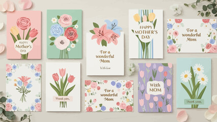 Collection of beautifully designed mother's day cards with floral illustrations