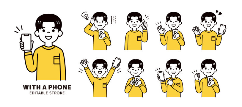 スマートフォンを持った若い男性・男子学生の、様々な表情・ポーズのベクターイラスト素材セット